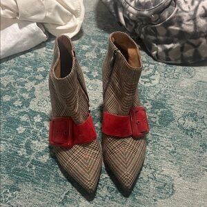 Jeffrey Campbell Plaid Ankle Boots with Red Buckle